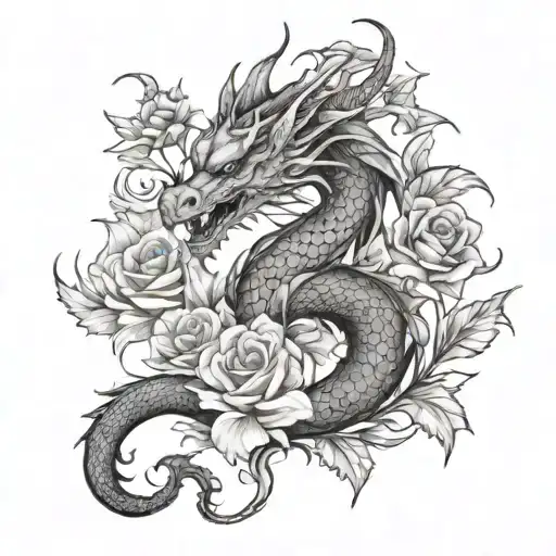 Dragon With Flowers And Pisces