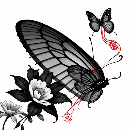 Small Butterfly And Small Flower And Chinese Umbrella Protecting Them And Linked With A Red Thread