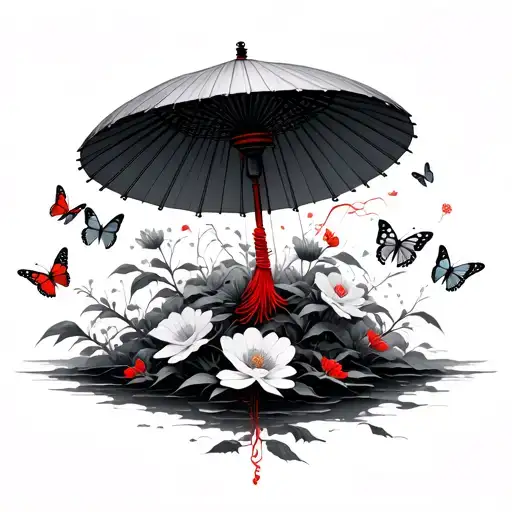 Big Chinese Umbrella Protecting Small Butterflies And Flowers All Connected Woth A Red Thread