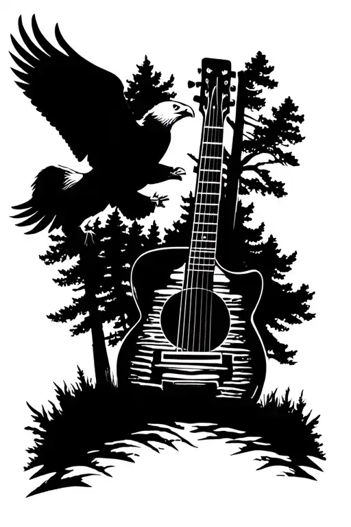 Acoustic Guitar Silhouette Of A Nature Scene That Has A Log Cabin And A Bald Eagle