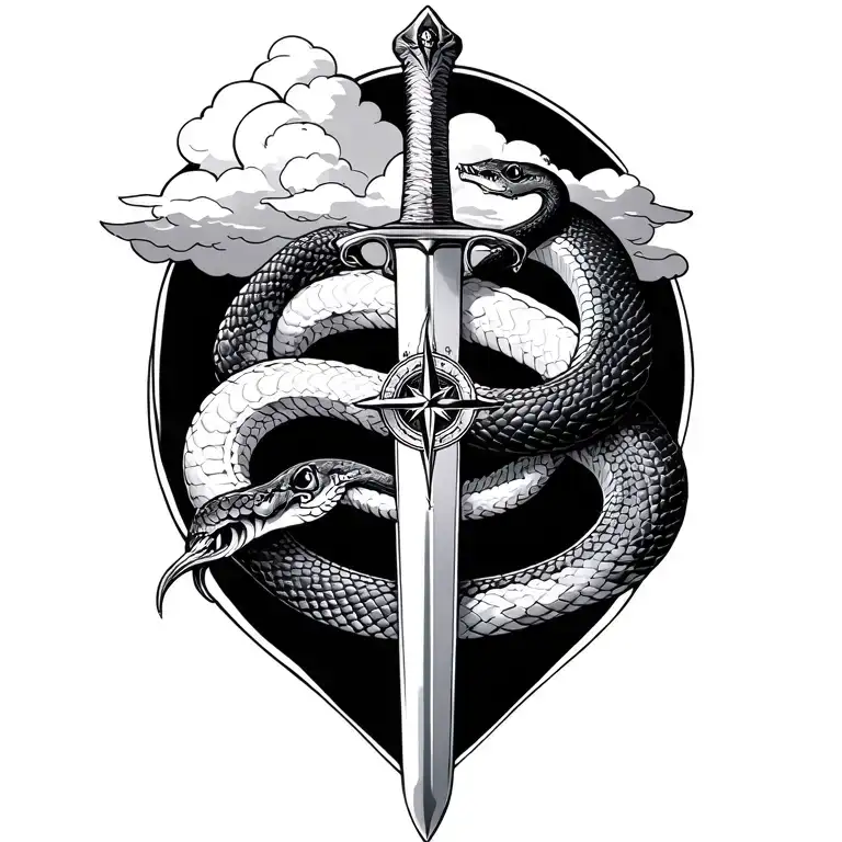 Double Headed Snake Rapped Around Sword With Cloud And A Compass Facing South