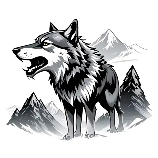 Growling Wolf And Mountains