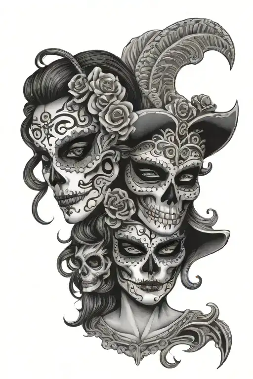 Greek Theatre Masks In A Day Of The Dead Style Black And Grey