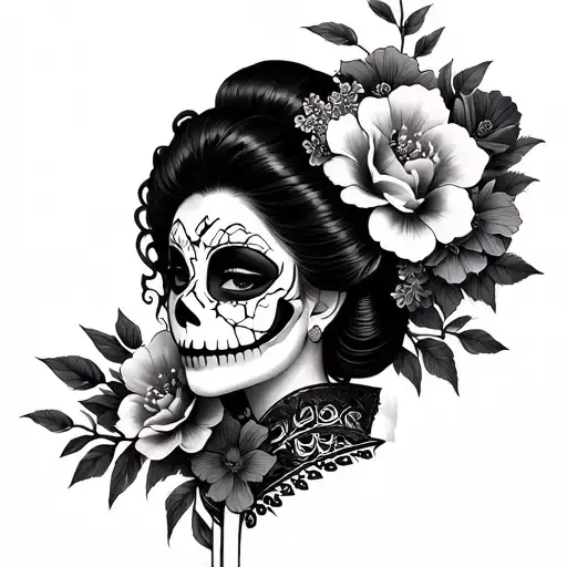 A La Catrina Tattoo And A Geisha With Broken Hannya Mask And Flowers