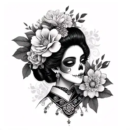 A La Catrina Tattoo And A Geisha Of Hannya And Flores