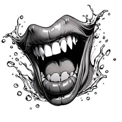 Naughty Tounge Out With Teeth Fangs In Mouth Open And Water Drops Surrounding The Mouth