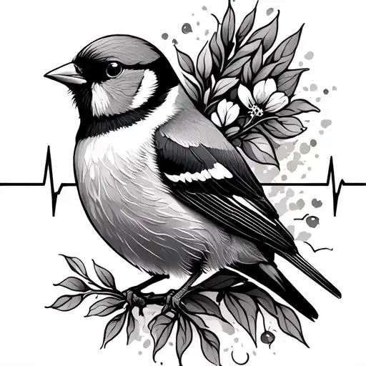 Heartbeat Line With Goldfinch Bird