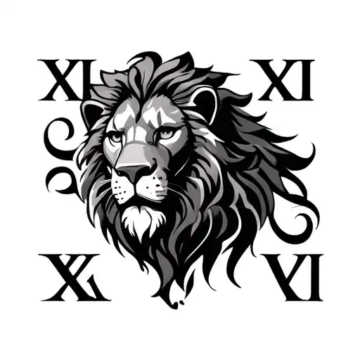 Lion Face Tattoo With Xiii Vii Roman Numerals Intertwined