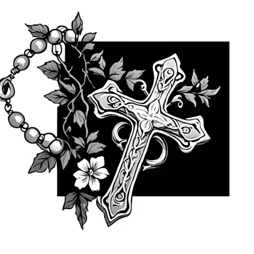 Cross And Rosary Beads With A Vine And Some Flowers
