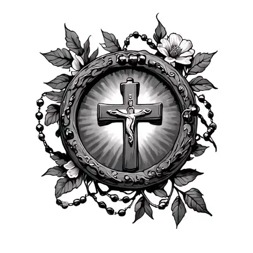 Cross With Rosary Beads Round It With A Vine And Some Flowers