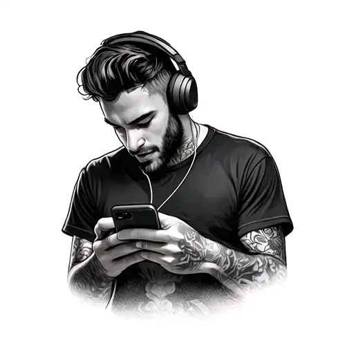 A Man With Headphones Staring Into His Phone