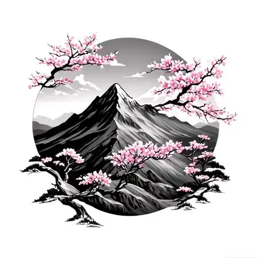 Cherry Blossom Mountain Background Forearm Tattoo Design