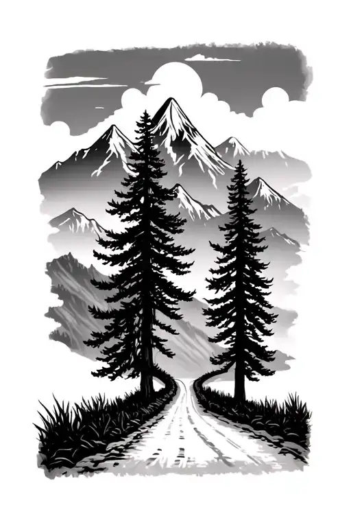 Road To Mountains In Pine Tree Forest