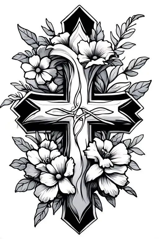 Skinny Cross Tattoo With Flowers