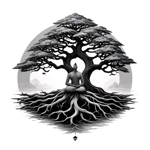 Bodhi Tree Leafy Roots Peaceful Meditation Scene