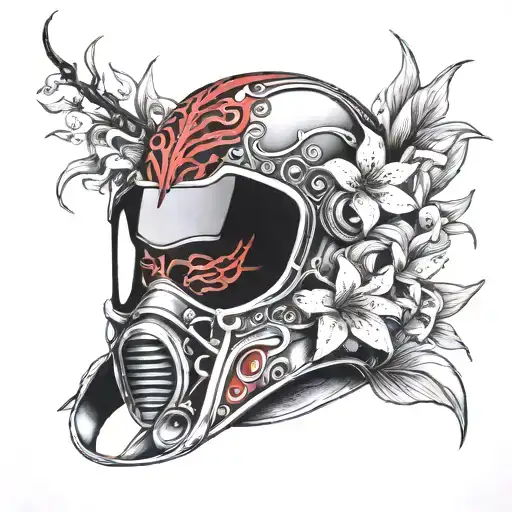 Red Spider Lillies And Samurai Helmet