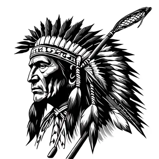 Native American War Chief And A Lacrosse Stick Figure Looking