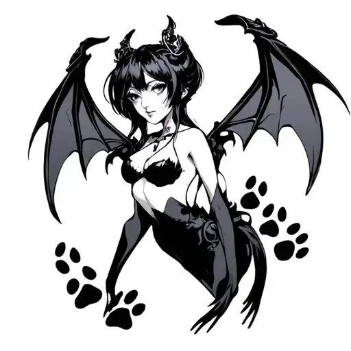 Anime Succubus Style Tatttoo With Paw Prints Incorporated Into It