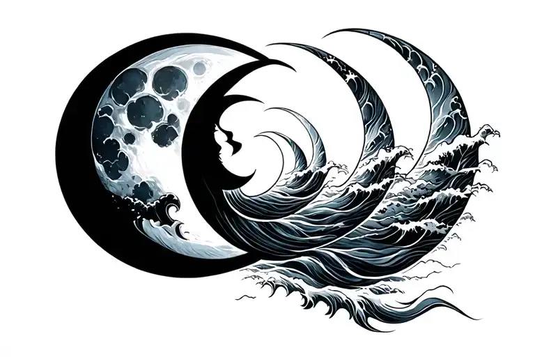 Triple Moon Symbol With Waves Inside Full Moon Simple