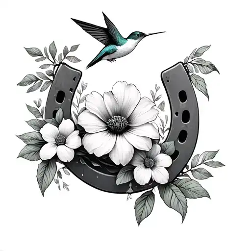 Flowers Growing Out Of A Horse Shoe With A Hummingbird