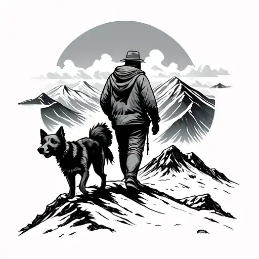 Man Walking Dog Up Mountain