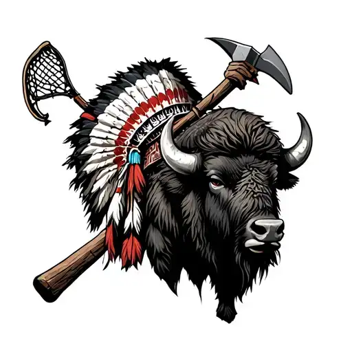 Lacrosse Stick Behind A Buffalo And War Chief Holding Tomahawk