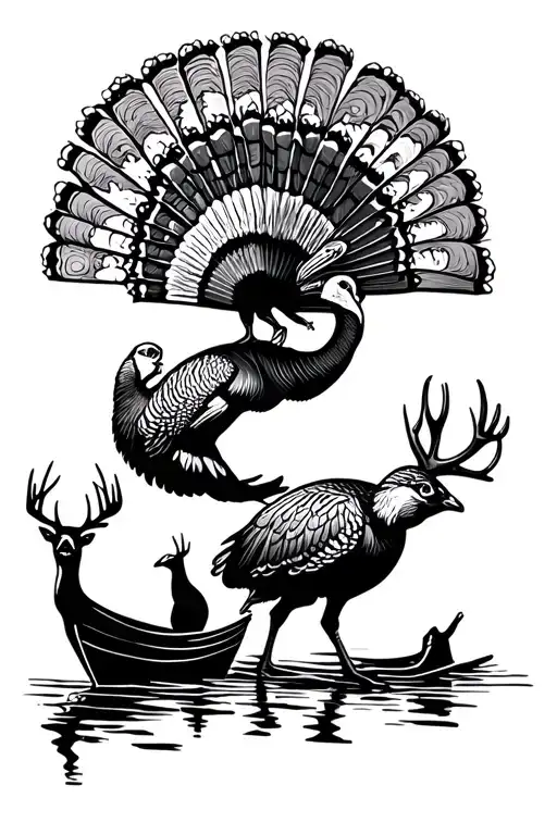 Strutting Turkey Fan With Whitetail Buck And Boat Silhouette