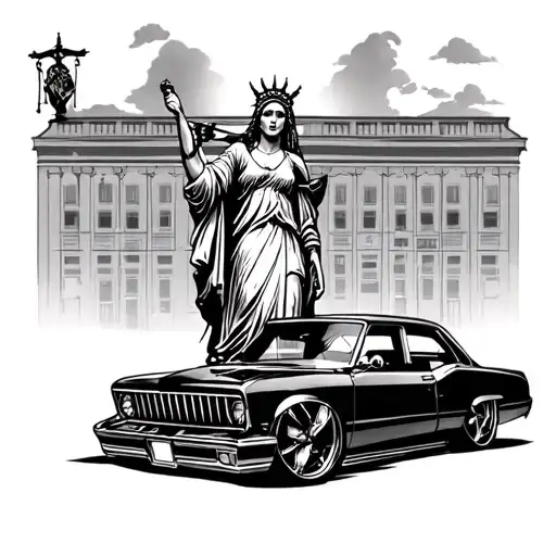 Lowrider In Front Of Lady Of Justice With Building In The Background