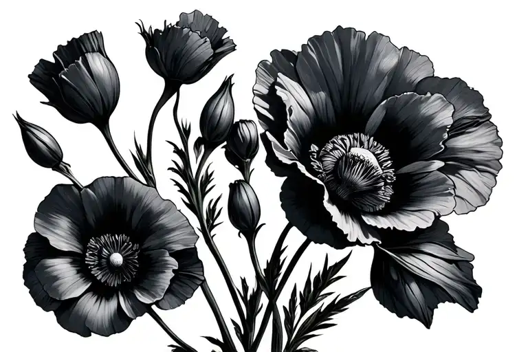 Poppy And Morning Glory Flowers Growing