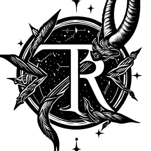 Sagittarius Bow Intertwined With The Letters T And R With Capricorn Constellation As Background