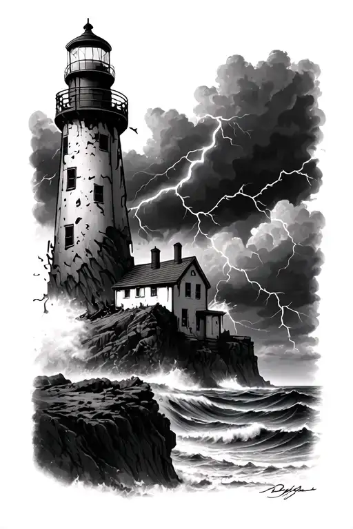 Destroyed Lighthouse On Ocean Cliff In Thunder Storm