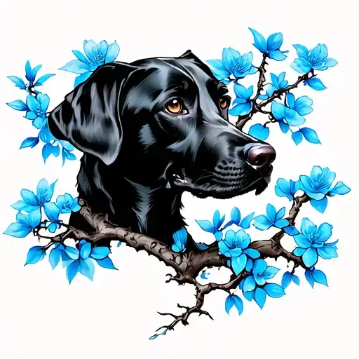 Yakuza Style Black And Blue Blossom Tree With Black Lab