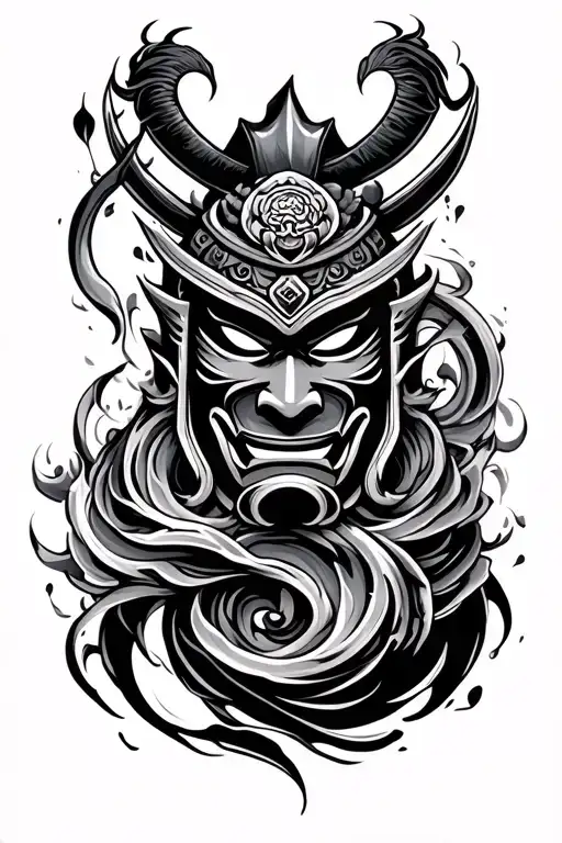 Samurai Mask Surrounded By Swirling