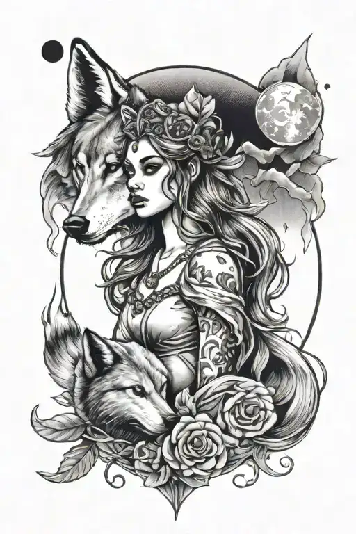 Girl Wolf And Moon