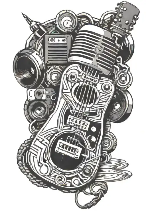 Microphone With Cassette Tape And Guitar Merging
