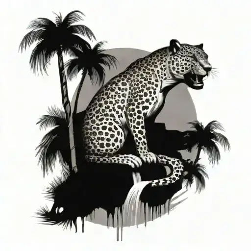 Leopard And Crocodile At The Forest With Coconut Trees And Waterfall River