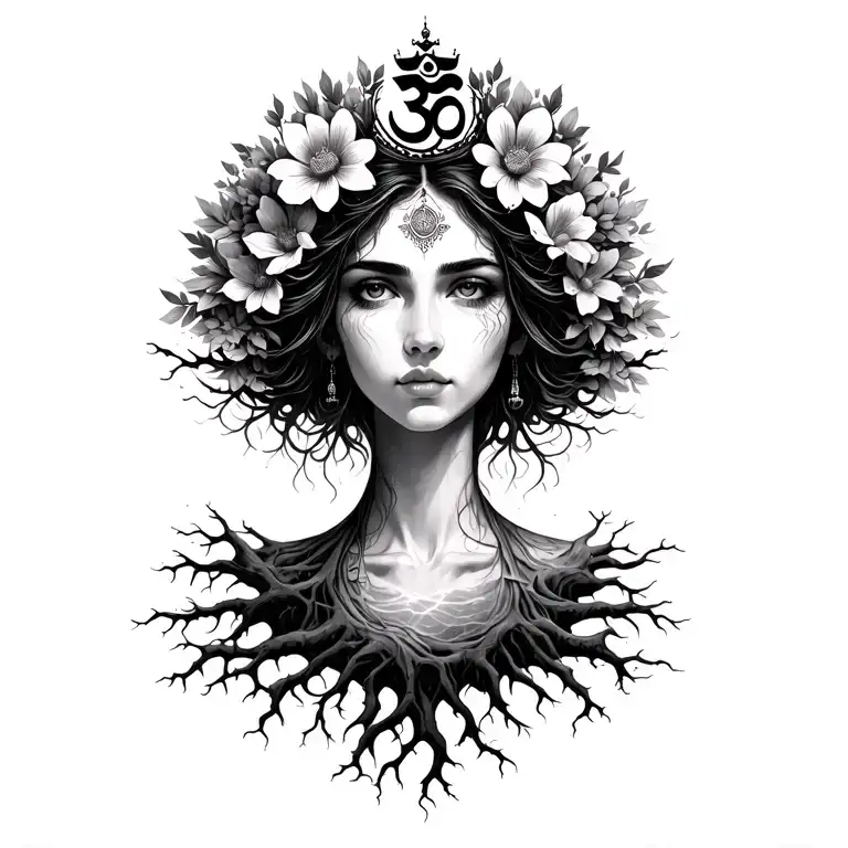 Spiritual Universal Woman Standing On Roots With Flowers Coming Out Of Head With An Om Crown