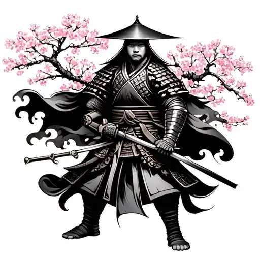 Japanese Cherry Blossom And Samurai Warrior