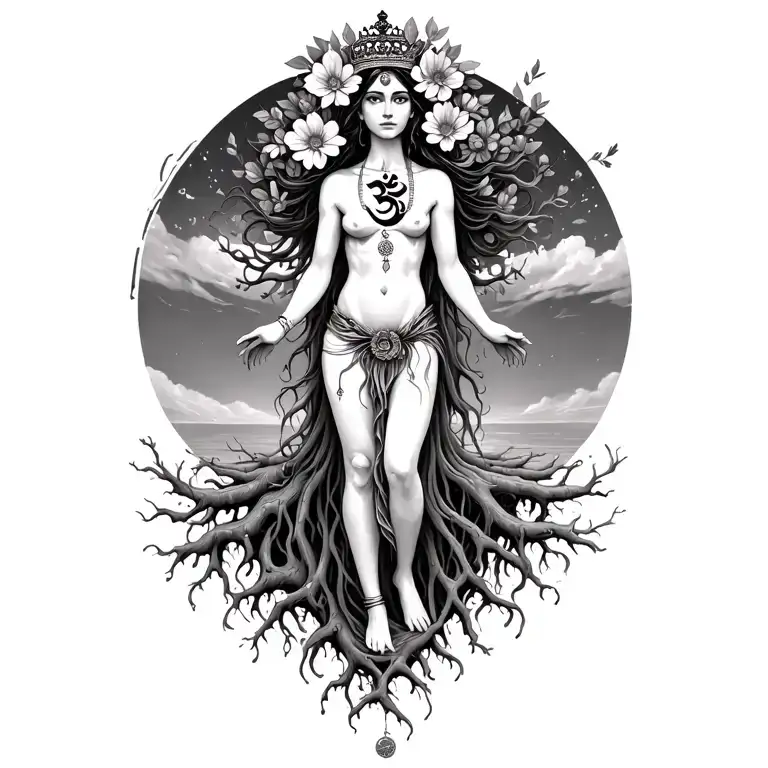Spiritual Universal Woman Standing On Roots With Flowers Coming Out Of Head With An Om Crown