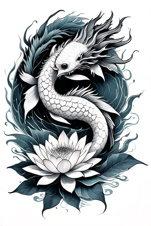 Koi Fish Dragon Lotus Flower