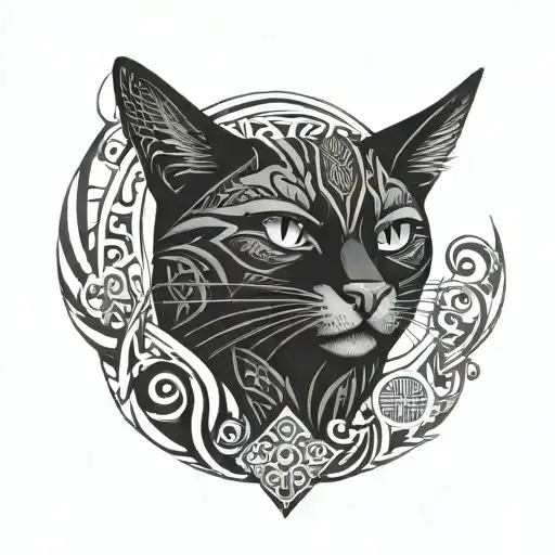 Black Cat With Tribal Patterns And Geometric Design Incorporating