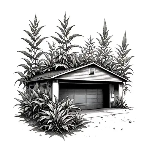 Garage Yard Covered With Weed Plant Growing