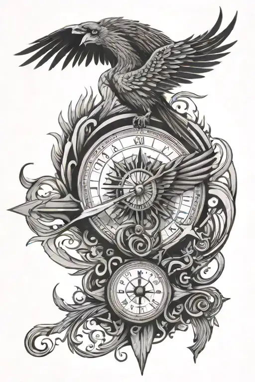 Phoenix Imbedded In Long Arrow Headed Compass