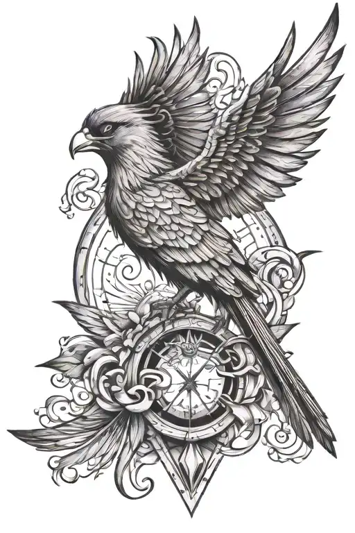 Phoenix Imbedded In Long Arrow Headed Downwards With Cardinal Points