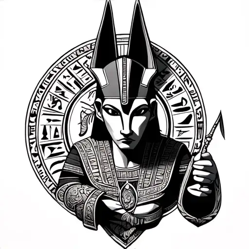 Anubis Holding A Scale And Surrounding Hieroglyphs And Indigenous Details Or Symbols