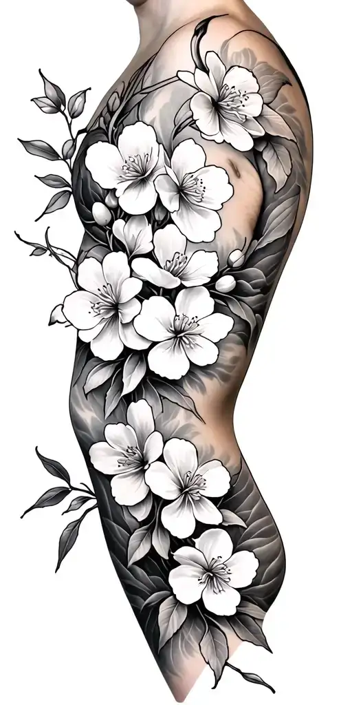 Cherry Blossoms Sleeve Wrapping Around Upper Arm Originating From Shoulder And Moving Down