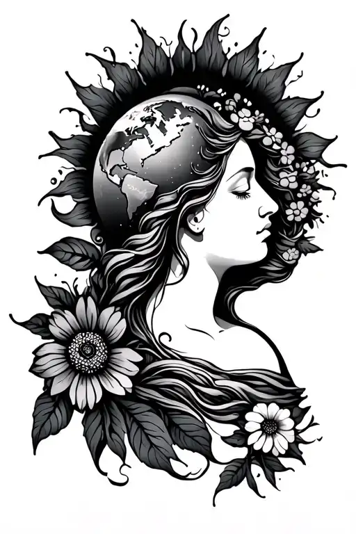 Mother Earth With Sun And Flowers