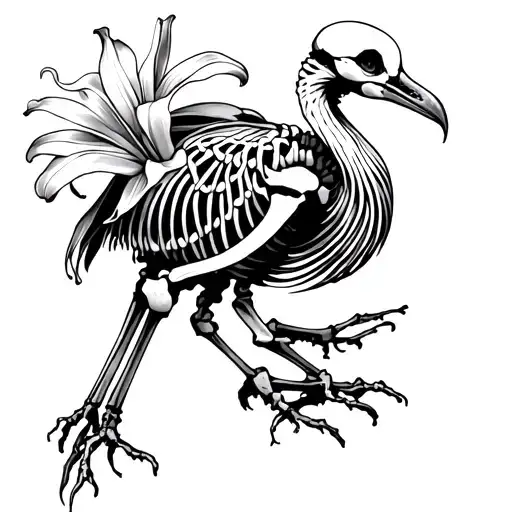 White Lillys Coiling Around Dodo Bird Skeleton