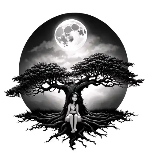 Poison Tree With Moon Over It And Little Girl Sitting Under The Tree