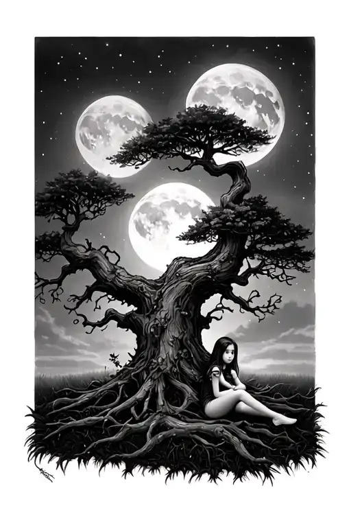 Poison Tree With Moon Over It And Little Girl Sitting Under The Tree